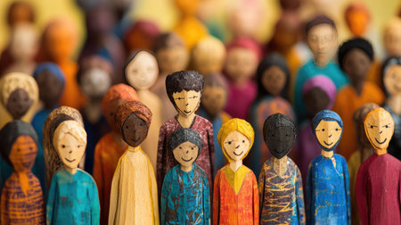 This vibrant artwork features a collection of handcrafted wooden figurines, symbolizing diversity and unity in a colorful display, perfect for community themes.の素材