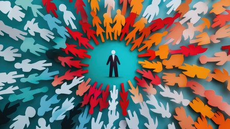 A striking graphic representation showing an individual figure at the center of vibrant and diverse silhouettes, illustrating themes of community, connection, and unity.の素材