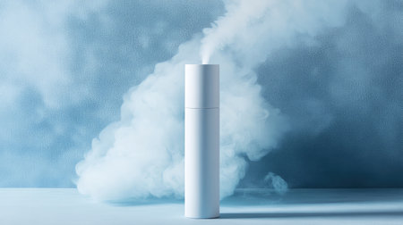 A sleek white aroma diffuser releasing gentle mist against a soft blue background, ideal for promoting wellness, relaxation, and a calming atmosphere in any space.の素材