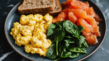 A delicious breakfast plate featuring fluffy scrambled eggs, fresh spinach, smoked salmon, and whole grain bread, offering vibrant colors and nutritious ingredients.の素材
