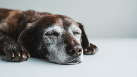 An older dog comfortably rests with its eyes closed on a light surface, embodying tranquility and peacefulness in its gentle demeanor, perfect for pet lovers.の素材