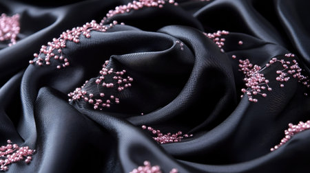 Close-up view of luxurious black fabric adorned with delicate pink beads. This image showcases exquisite detail and texture, perfect for fashion or textile projects.の素材