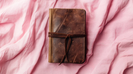A rustic vintage leather journal rests gently on a soft pink fabric background, evoking a sense of creativity and inspiration for daily reflections.の素材