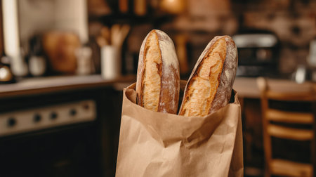 Two freshly baked baguettes peeking out of a brown paper bag, resting on a rustic kitchen counter, surrounded by warm decor and culinary tools.の素材