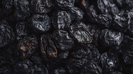 This image showcases a close-up view of dark, dried black fruits, highlighting their unique texture and glossy surface, perfect for healthy snacks or baking.の素材