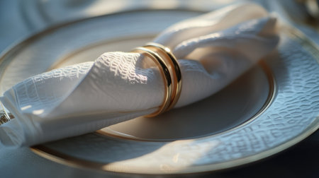 This image captures an elegant dining table setup with a rolled white napkin adorned by a gold ring, resting on a fine porcelain plate, perfect for upscale events.の素材