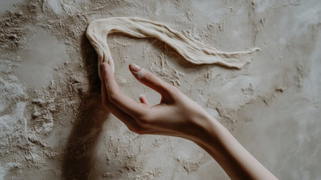 A close-up shot of a hand gracefully shaping clay on a textured beige wall, highlighting the creative process in an artistic and minimalist setup.の素材