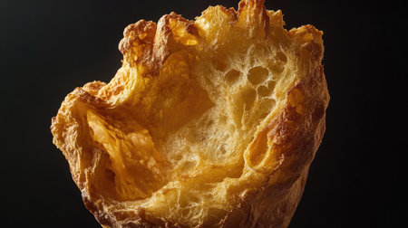 This image showcases a heartwarming close-up of a freshly baked bread crust, emphasizing its unique textures and golden hue against a dark backdrop, perfect for food lovers.の素材