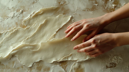 Close-up of hands delicately rolling out fresh dough on a marble surface, showcasing the artistry of cooking and the love for homemade meals.の素材