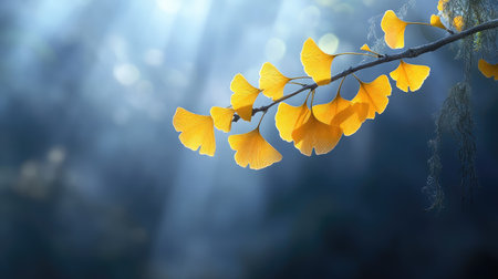 This stunning image captures delicate ginkgo biloba leaves glowing softly in sunlight, creating a tranquil and serene atmosphere in nature.の素材