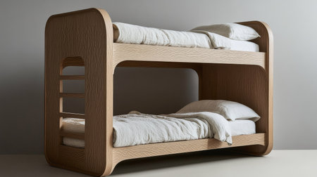 This modern wooden bunk bed features a sleek design with soft bedding, ideal for stylish and cozy bedrooms. Perfect for children and guests.の素材