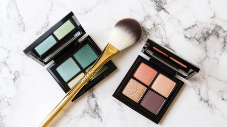 A stunning arrangement of elegant makeup palettes in vibrant colors alongside a soft brush, set against a stylish marble background, perfect for beauty lovers.の素材