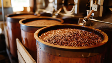 This image showcases freshly roasted coffee beans stored in rustic wooden containers within an artisan roastery. The rich aroma and vibrant colors highlight the coffee-making process.の素材