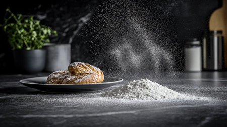 This captivating image portrays freshly baked pastries on a dark countertop, complemented by scattered flour and fresh herbs, evoking a warm culinary atmosphere.の素材