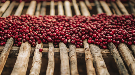 Freshly harvested red coffee beans spread out on a rustic wooden rack, drying in the sun, showcasing the agricultural process and natural beauty.の素材