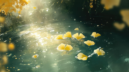 A serene pond scene featuring delicate yellow flowers floating gracefully on the water's surface, illuminated by soft sunlight. The lush greenery surrounding the pond enhances the calm atmosphere, inviting a moment of peace and reflection in nature.の素材