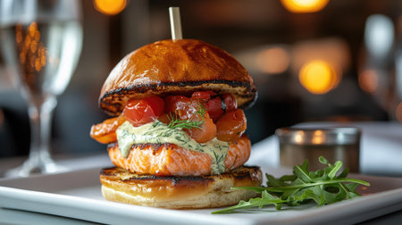 A delicious gourmet salmon burger featuring a juicy patty, fresh toppings, and vibrant ingredients, served on a wooden table in a stylish restaurant setting.の素材