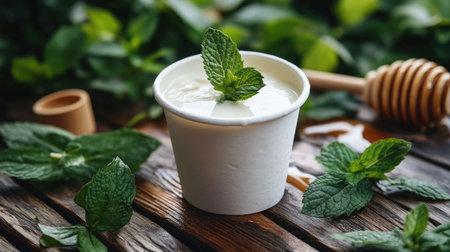 This image showcases a delightful cup of creamy yogurt topped with fresh mint leaves and drizzled with honey, set against a backdrop of lush green mint on a rustic wooden table.の素材
