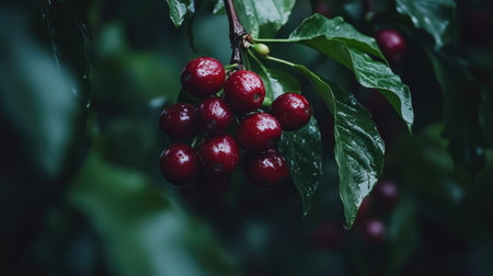 Lush close-up of fresh red berries adorned with water drops, surrounded by vibrant green leaves, creating a captivating natural scene.の素材