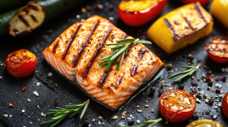 A beautifully grilled salmon fillet garnished with rosemary, served with vibrant vegetables on a black slate plate, perfect for healthy dining ideas.の素材