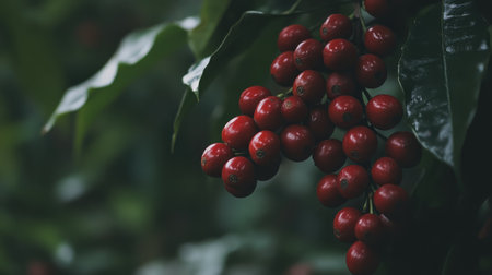 A close-up view of vibrant red berries clustered on a tree branch, surrounded by lush green foliage. This vivid depiction captures the essence of natural beauty.の素材