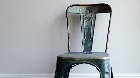 A striking vintage metal chair showcasing a unique patina stands against a soft gray wall, perfect for minimalist decor and artistic settings.の素材