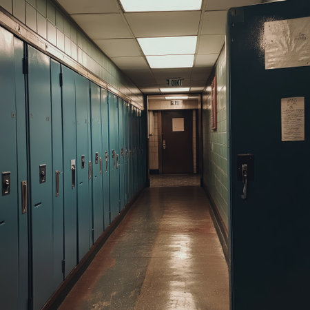 A spacious corridor in a school with blue lockers lining the walls, illuminated by bright overhead lights, creating a calm and inviting atmosphere.の素材