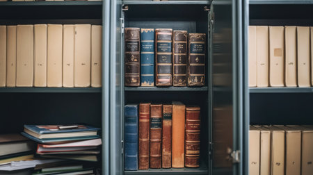 A vintage bookshelf filled with classic leather-bound volumes and organized papers creates a warm and inviting atmosphere in a study.の素材