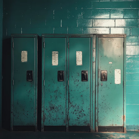 This image showcases a cluster of vintage metal lockers against a vibrant teal wall, highlighting their rustic charm and character in an abandoned space.の素材