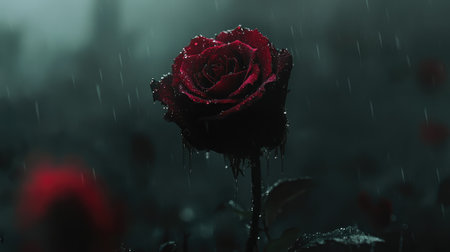 A stunning close-up of a vibrant red rose drenched in rain, presenting a dramatic and moody atmosphere, symbolizing love and passion amid a darkened backdrop.の素材
