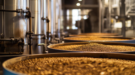A detailed view of a modern brewing facility showcasing large tanks filled with brown pellets, highlighting the complex process of beverage production.の素材