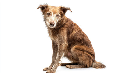 This image features an adorable brown dog with a unique coat sitting elegantly on a white background, showcasing its friendly expression and playful personality. Perfect for animal lovers.の素材