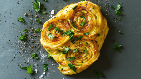 A beautifully arranged savory pastry, featuring crispy layers and fresh herbs, presented on a textured gray surface, perfect for any gourmet dish.の素材