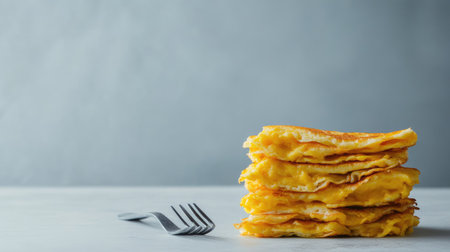 A visually appealing stack of fluffy egg pancakes served on a white plate with a fork beside it, set against a soft gray background, perfect for breakfast.の素材