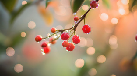 A beautiful close-up shot of glistening red berries on a branch, adorned with dew drops, set against a soft bokeh background, creating a serene atmosphere.の素材