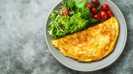 A beautifully presented homemade omelette served alongside fresh salad and cherry tomatoes, highlighting the appeal of a healthy breakfast choice.の素材