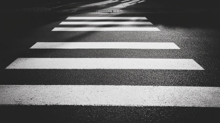 A striking black and white photograph of a crosswalk featuring bold striped lines and shadows that create a stark visual contrast on a smooth street surface.の素材