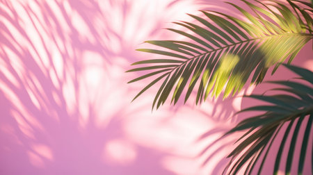 This image captures the essence of tropical vibes with palm leaves creating soft shadows on a pink wall, evoking a serene and stylish atmosphere perfect for interiors.の素材