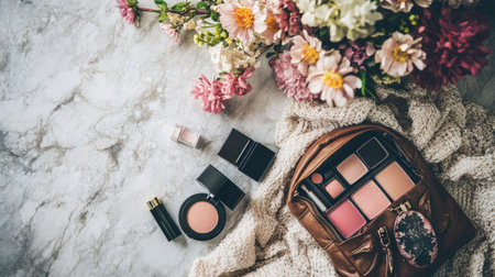 This captivating flat lay features a stylish arrangement of makeup products beside a floral display and a chic bag on a marble surface, showcasing beauty and elegance.の素材