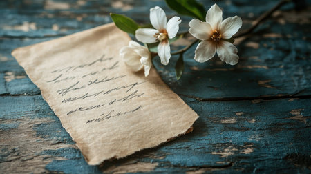 This image features a vintage paper note with elegant handwritten text resting beside delicate white flowers on a rustic wooden surface, creating a serene atmosphere.の素材