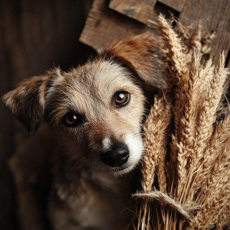 This charming image features a sweet dog with rich fur, nestled among golden wheat stalks against a rustic wooden background. Its curious expression adds warmth and depth to the scene.の素材