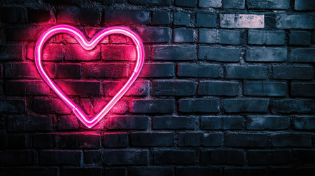 A vibrant neon pink heart light shines against a textured dark brick wall, creating a romantic and artistic ambiance perfect for creative decor and love-themed settings.の素材