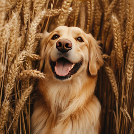 A cheerful golden retriever dog happily poses among golden wheat, capturing the essence of summer bliss and companionable joy in nature's beauty.の素材