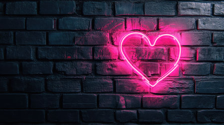 A vibrant pink neon heart is illuminated against a dark brick wall, creating a romantic and artistic vibe perfect for modern decor and creative projects.の素材