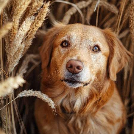 A golden retriever gazes softly in a wheat field, radiating warmth and peace. This serene image captures the beauty of nature and companionship.の素材