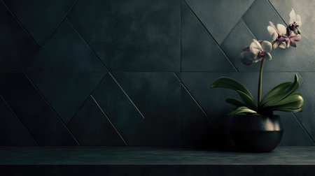 A pristine orchid plant in a sleek black pot stands out against a rich textured background, embodying modern elegance and natural beauty. Ideal for decor.の素材