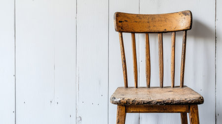 A beautifully weathered vintage wooden chair set against a rustic white wooden wall. The bright natural light enhances its textures, creating a warm and inviting atmosphere.の素材
