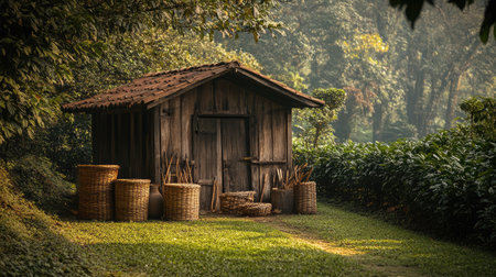 A charming rustic wooden shed nestled in a lush green landscape, surrounded by vibrant foliage and gardening tools, creating a serene outdoor atmosphere.の素材