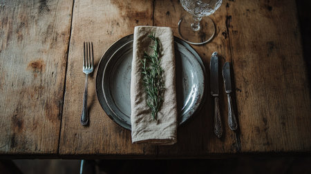 Experience the charm of a cozy home meal with a rustic dining table setting featuring a plate, silverware, napkin, and fresh herbs, creating an inviting atmosphere.の素材