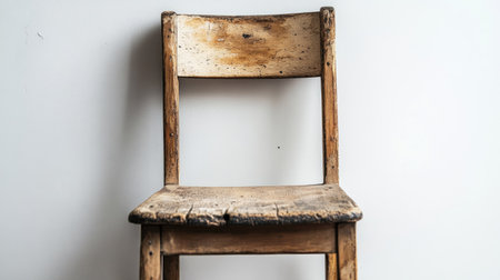 This image features a rustic wooden chair with a worn finish, set against a minimalist wall. The natural texture and vintage appeal create an inviting atmosphere.の素材
